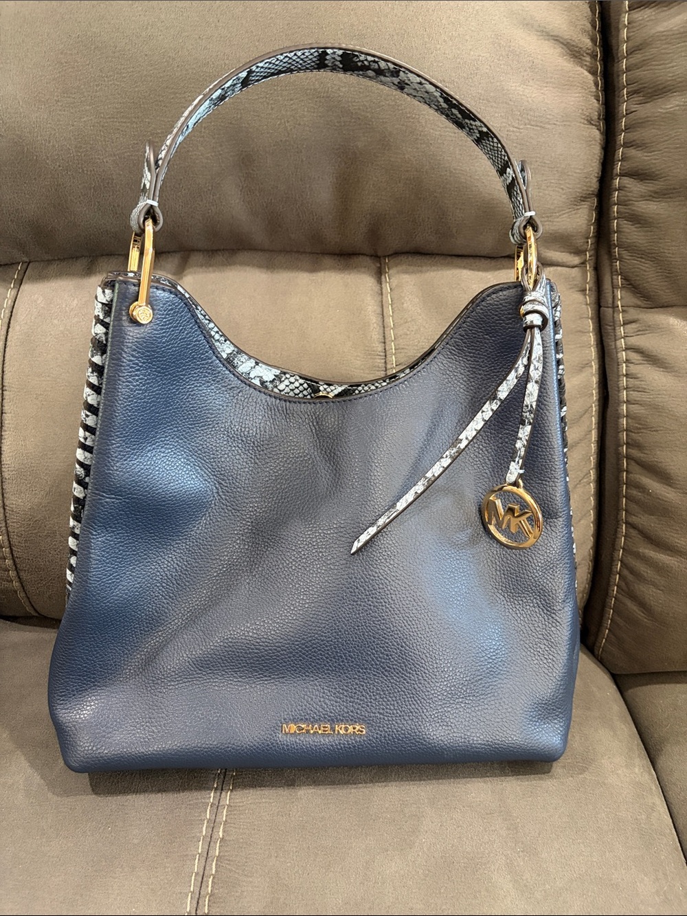 Michael Kors Navy Leather Shoulder Bag with Snake-Print Trim and Gold Hardware
